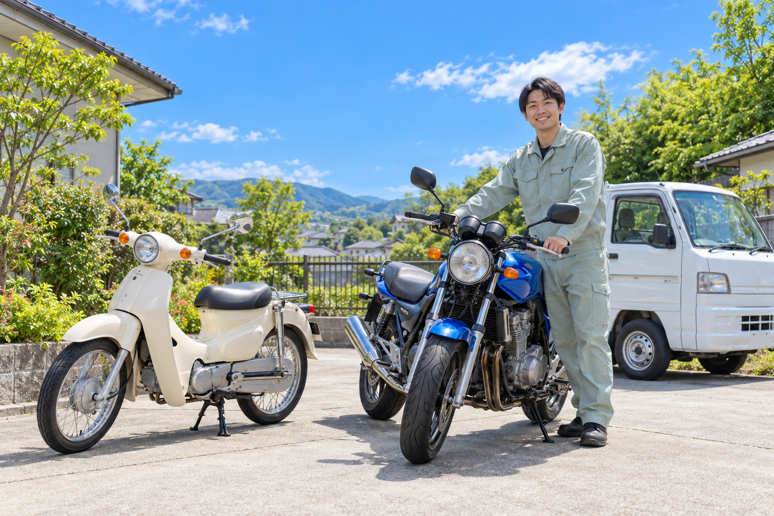 青空の下、原付と250ccクラスのバイクのそばで引き取り準備をするスタッフのイメージ